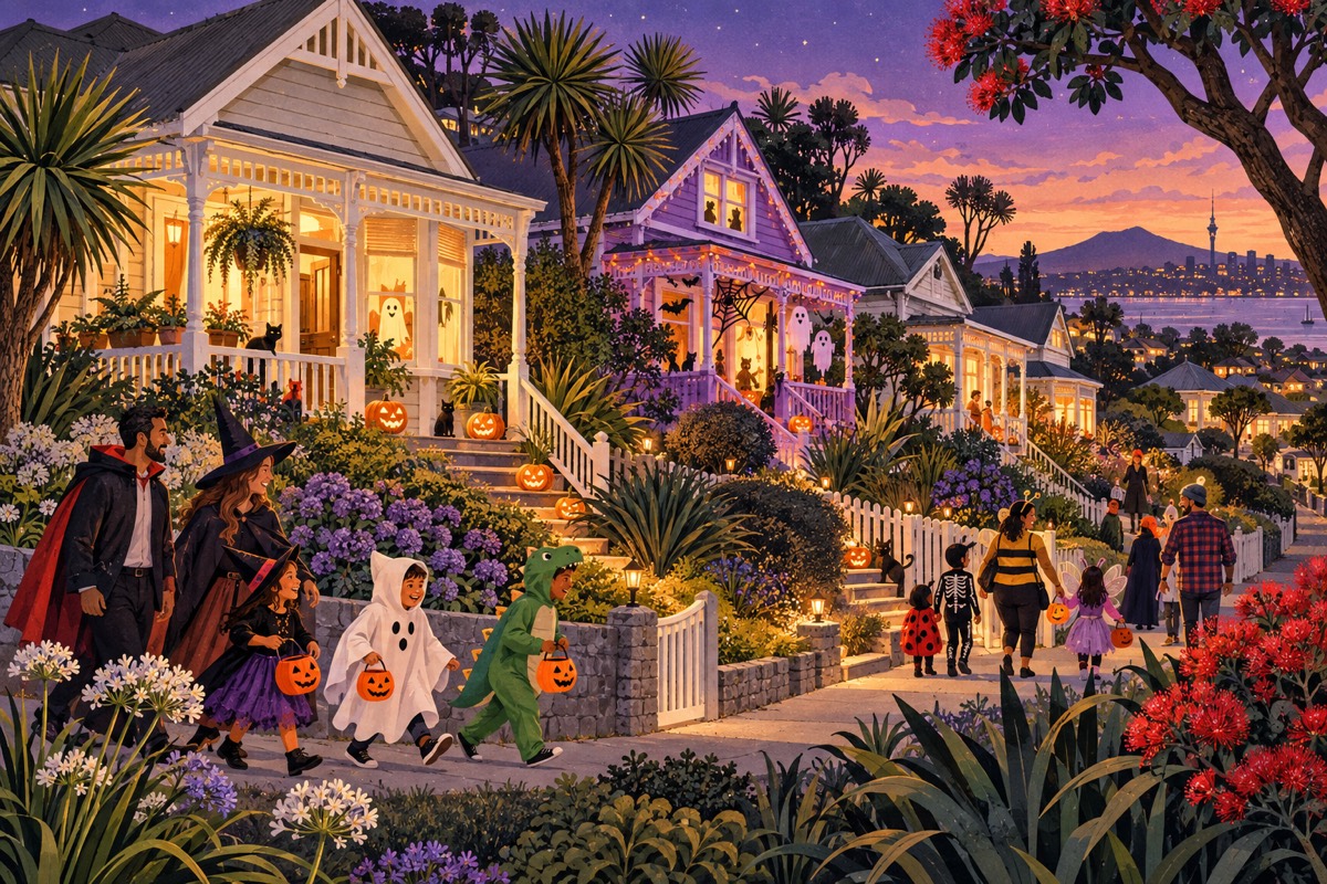 A playful New Zealand neighbourhood with glowing pumpkins, colourful houses and Halloween decorations